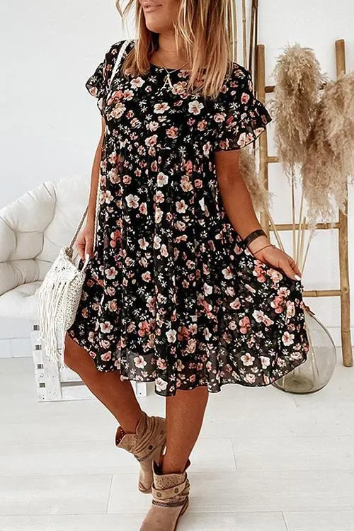 Floral Print Ruffles Midi Dress