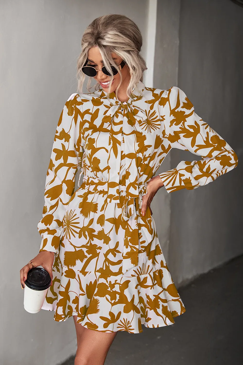 Floral Tie Neck Belted Puff Sleeve Dress