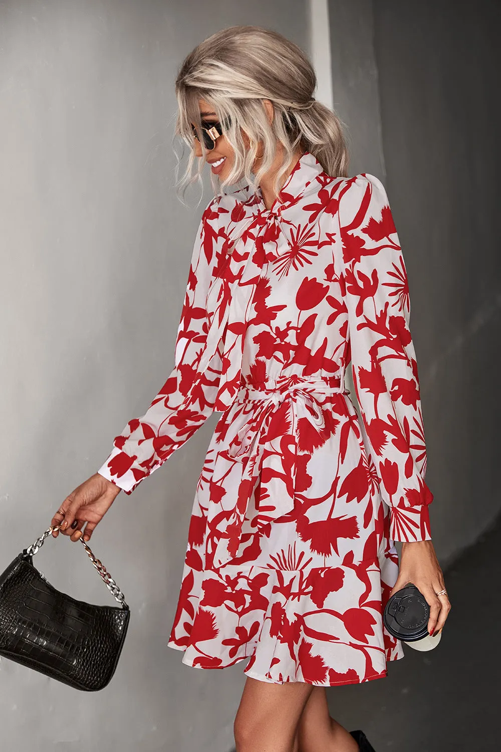 Floral Tie Neck Belted Puff Sleeve Dress