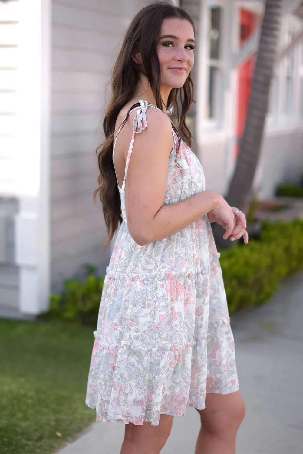 Floral Tie-Shoulder Frill Trim Dress