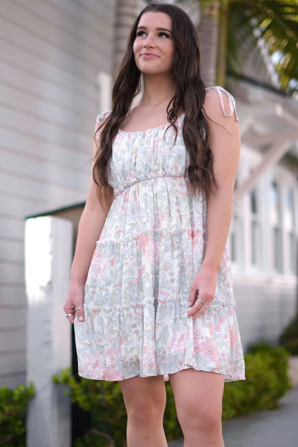 Floral Tie-Shoulder Frill Trim Dress