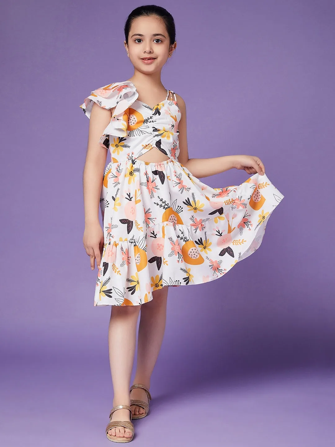 Girls Flutter Sleeve Floral Dress