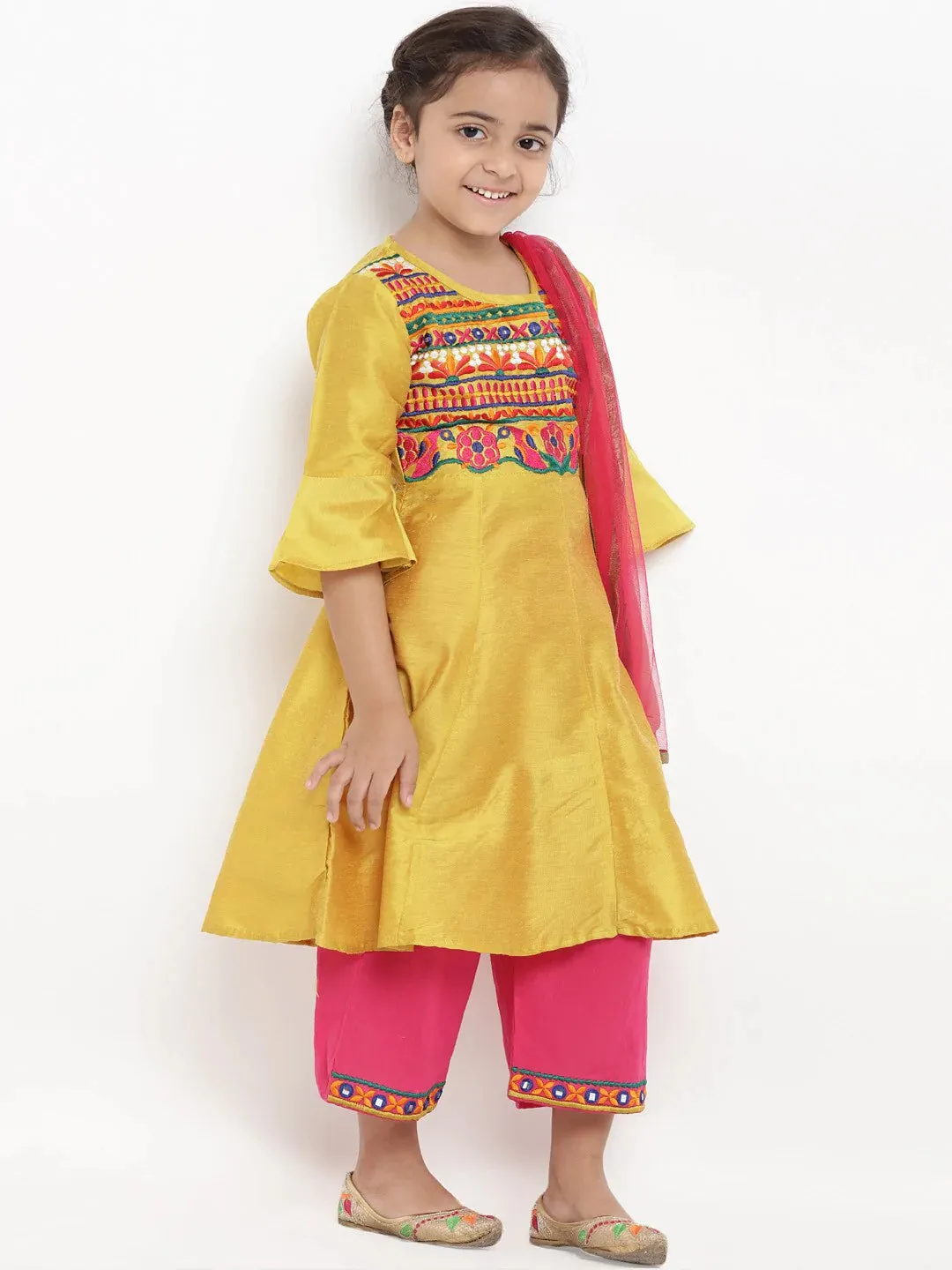 Girls Mustard Yellow & Pink Embroidered Kurta With Pyjamas & Dupatta