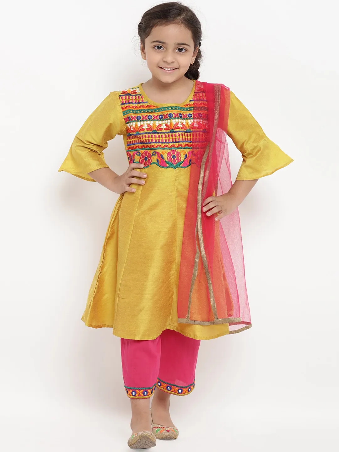 Girls Mustard Yellow & Pink Embroidered Kurta With Pyjamas & Dupatta