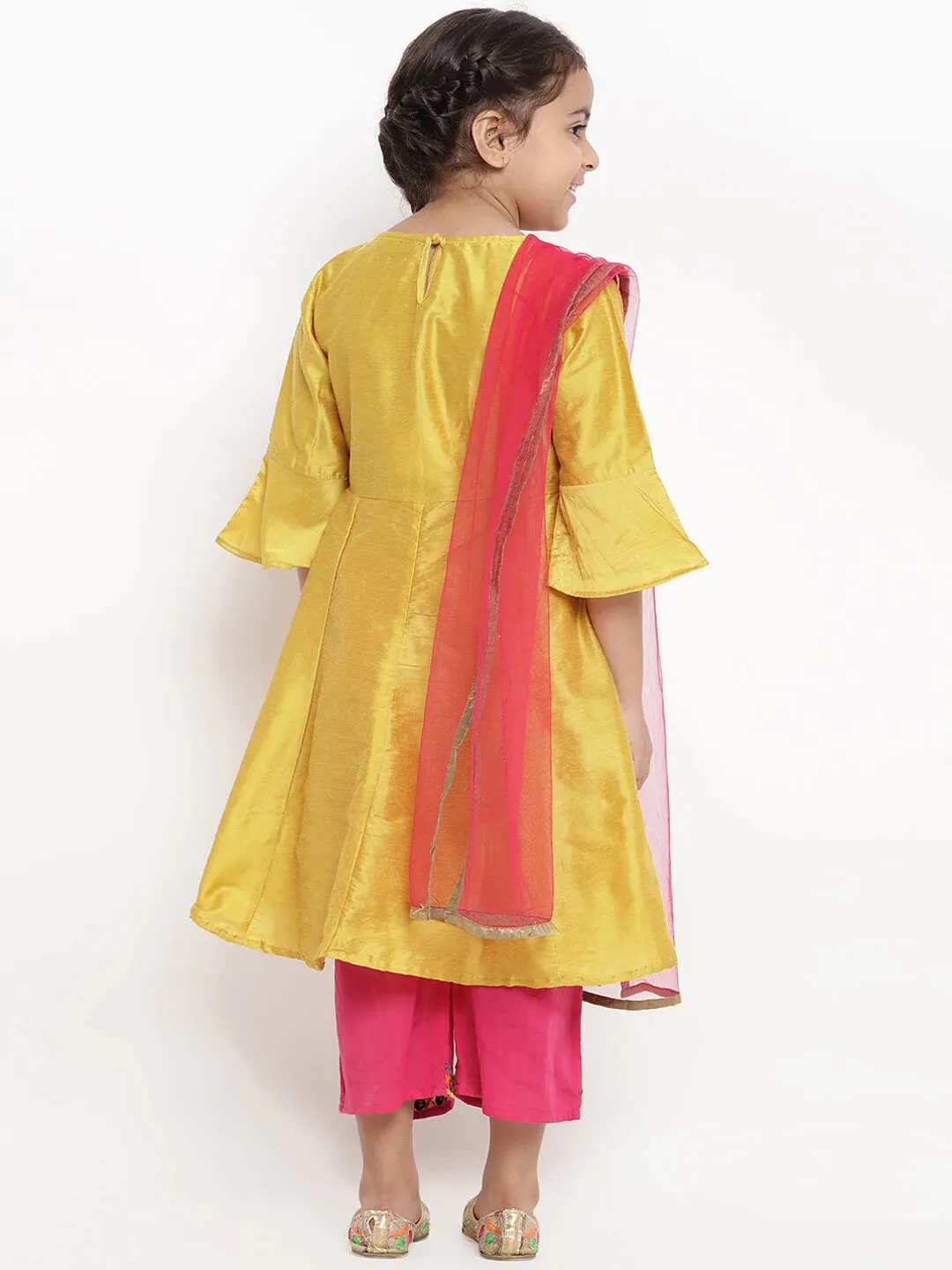 Girls Mustard Yellow & Pink Embroidered Kurta With Pyjamas & Dupatta