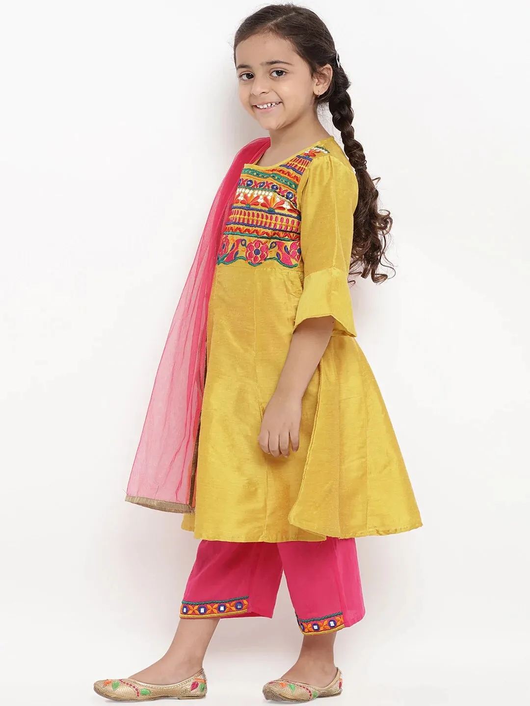 Girls Mustard Yellow & Pink Embroidered Kurta With Pyjamas & Dupatta