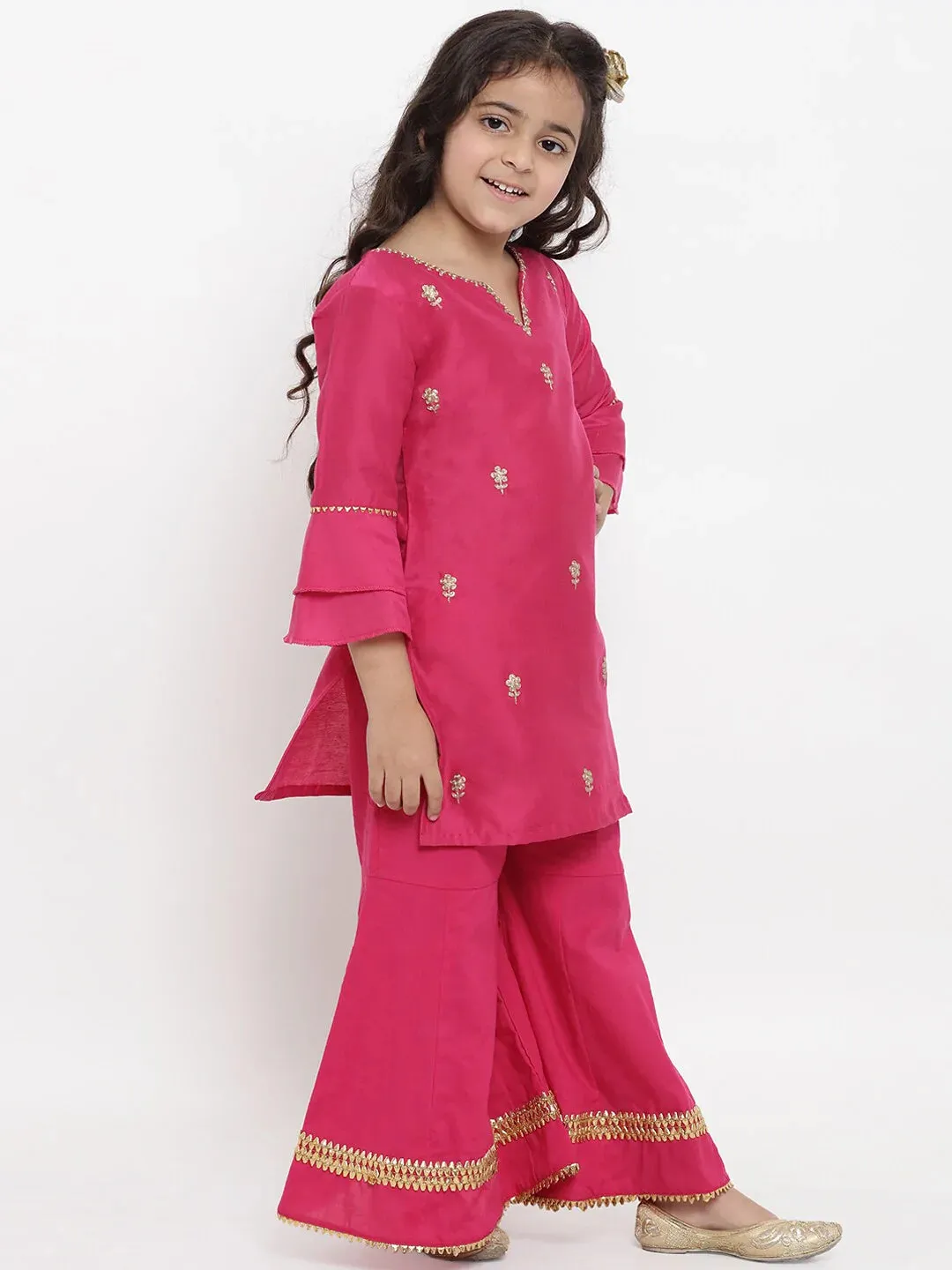 Girls Pink Embroidered Kurta With Palazzos