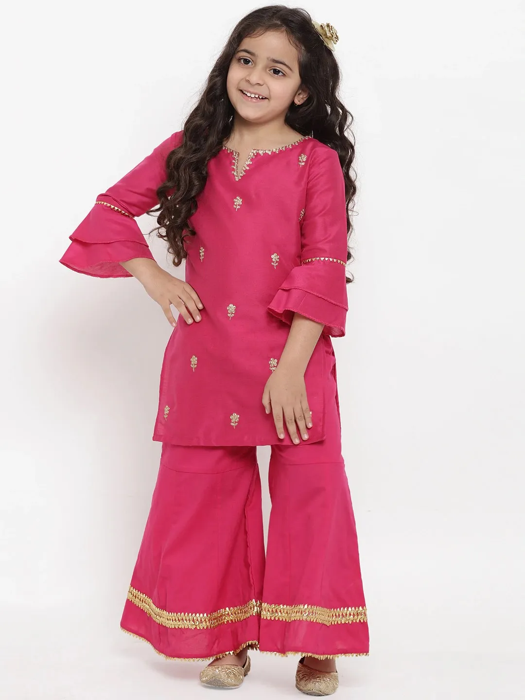 Girls Pink Embroidered Kurta With Palazzos