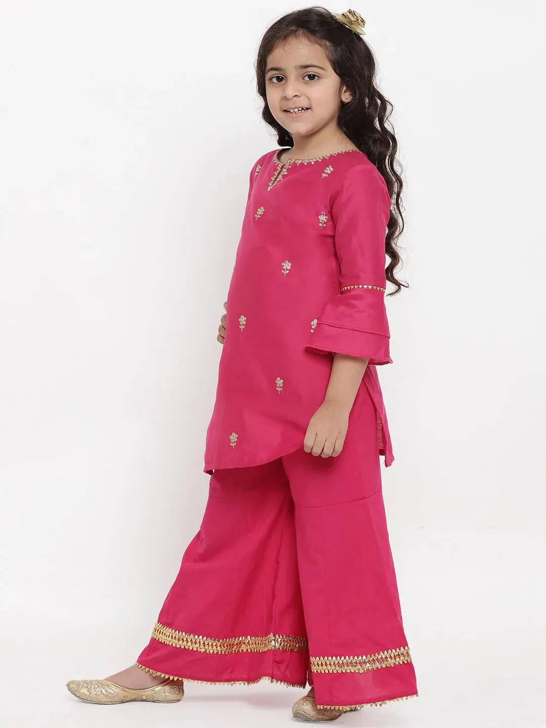 Girls Pink Embroidered Kurta With Palazzos