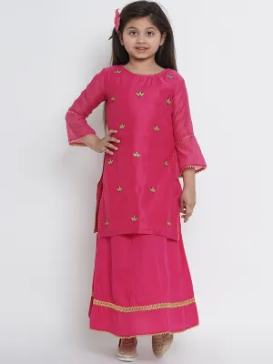 Girls Pink Embroidered Kurta With Skirt