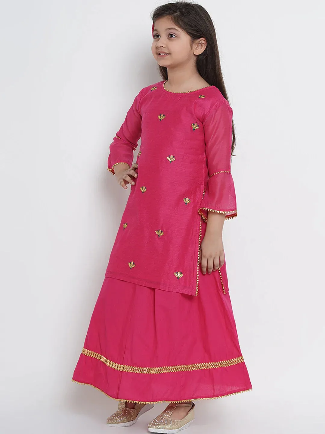 Girls Pink Embroidered Kurta With Skirt