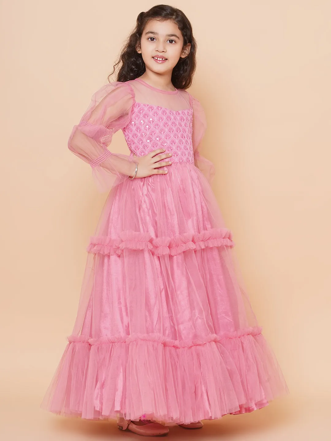 Girls Pink Embroidered Net Fit & Flared Gown Dress