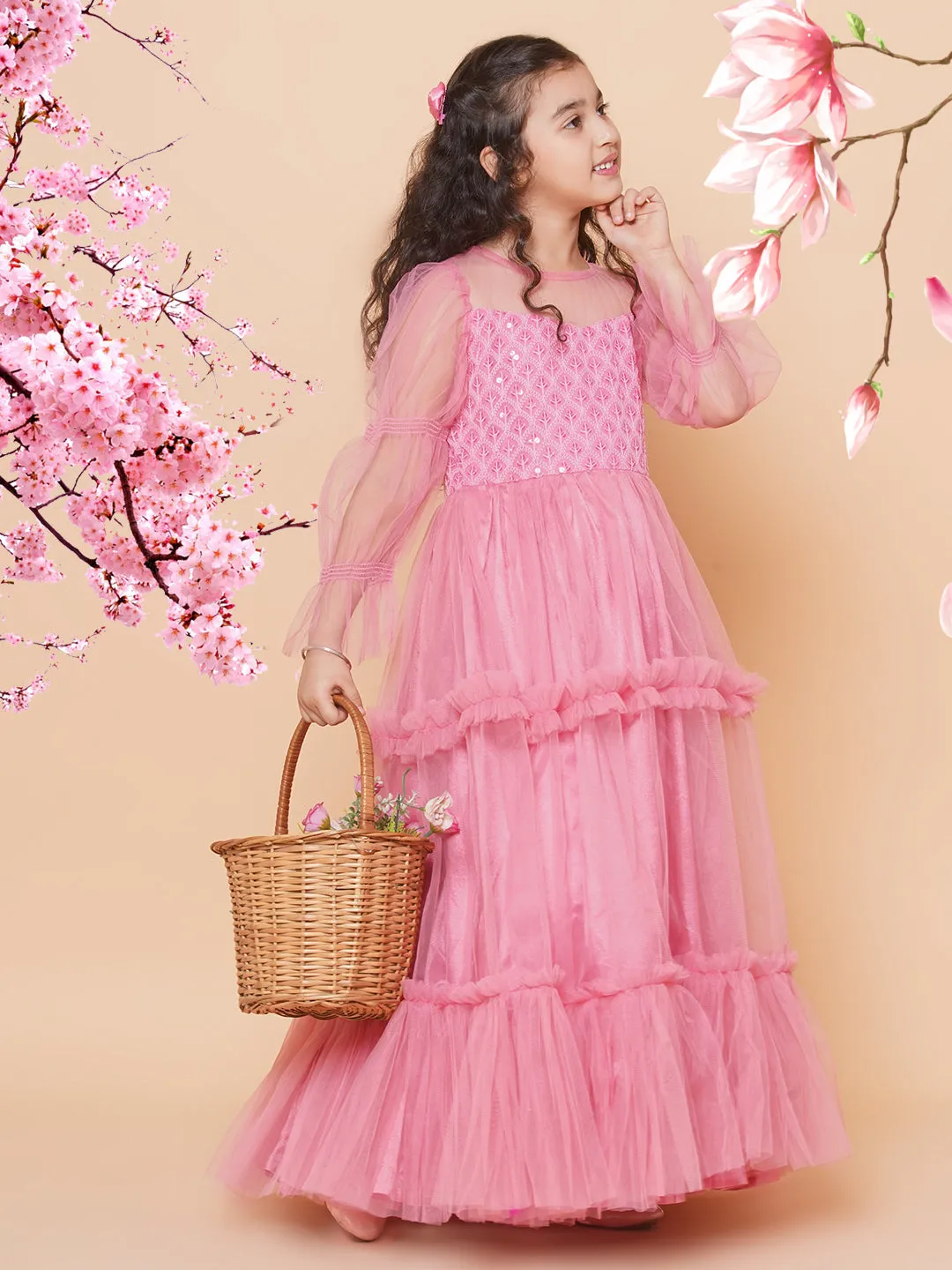 Girls Pink Embroidered Net Fit & Flared Gown Dress