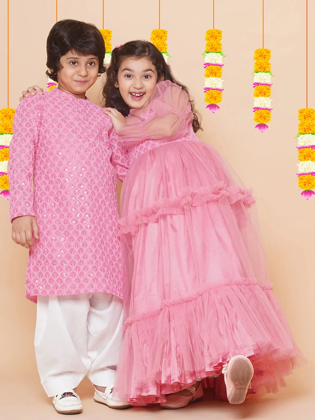 Girls Pink Embroidered Net Fit & Flared Gown Dress