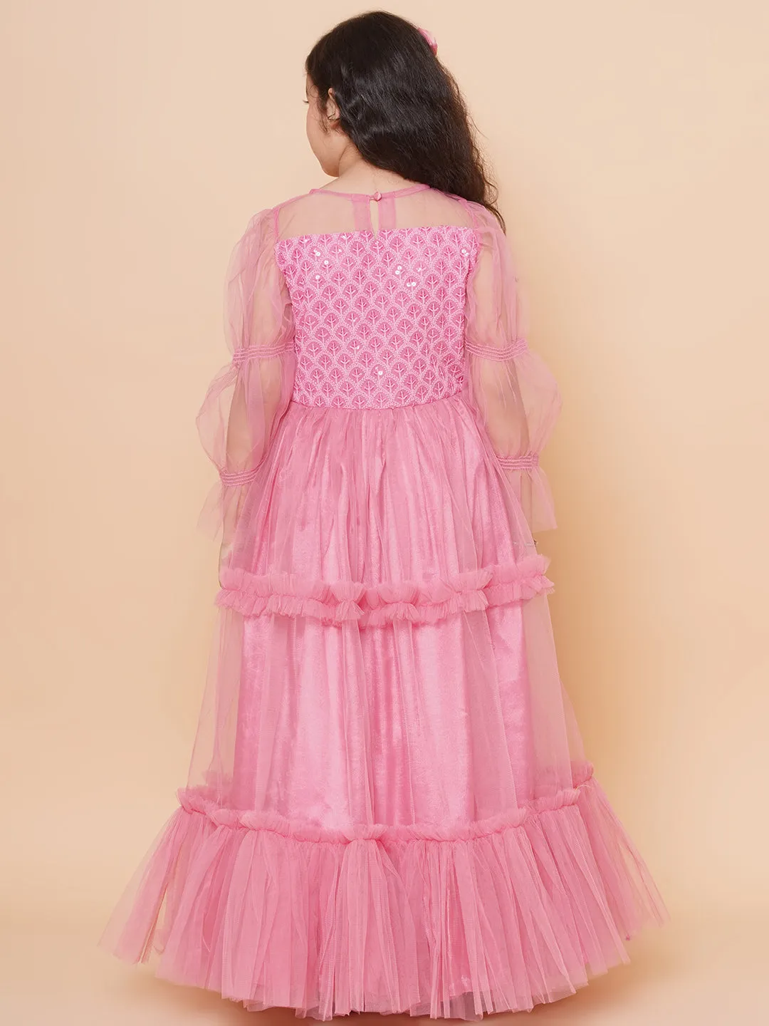 Girls Pink Embroidered Net Fit & Flared Gown Dress