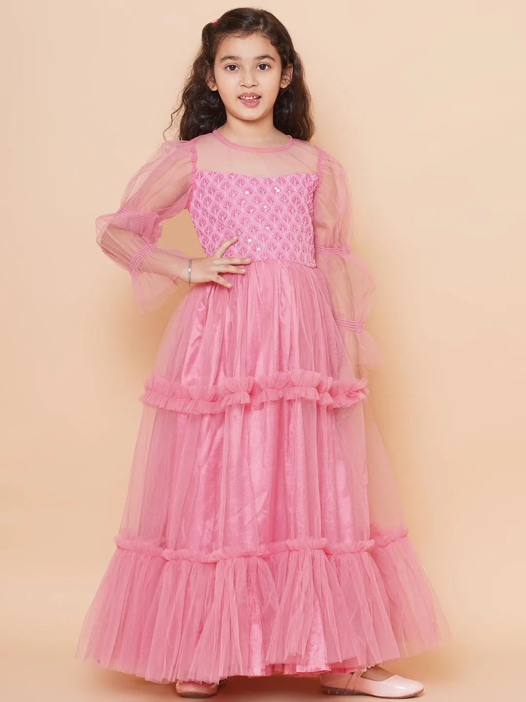 Girls Pink Embroidered Net Fit & Flared Gown Dress