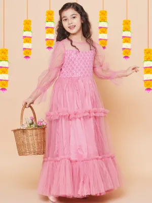 Girls Pink Embroidered Net Fit & Flared Gown Dress