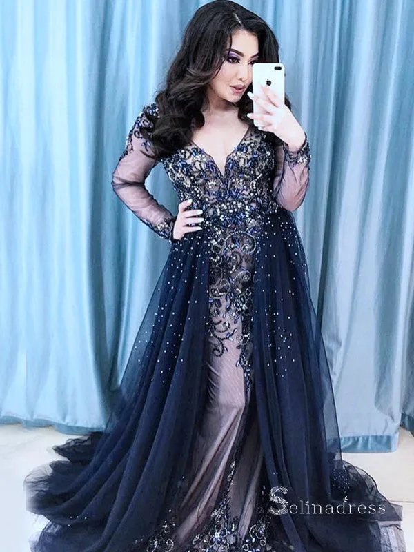 Gorgeous Long Sleeve V neck Glitter Long Prom Dress Beaded Evening Formal Gown SC030