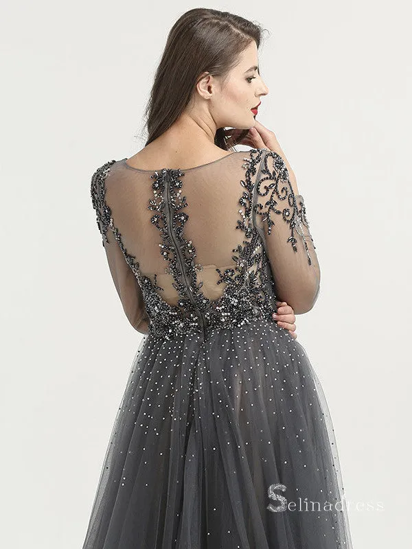 Gorgeous Long Sleeve V neck Glitter Long Prom Dress Beaded Evening Formal Gown SC030