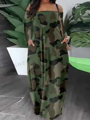 Green Camouflage Off Shoulder Plus Size Women's Fashionablel Long-Sleeved Dress