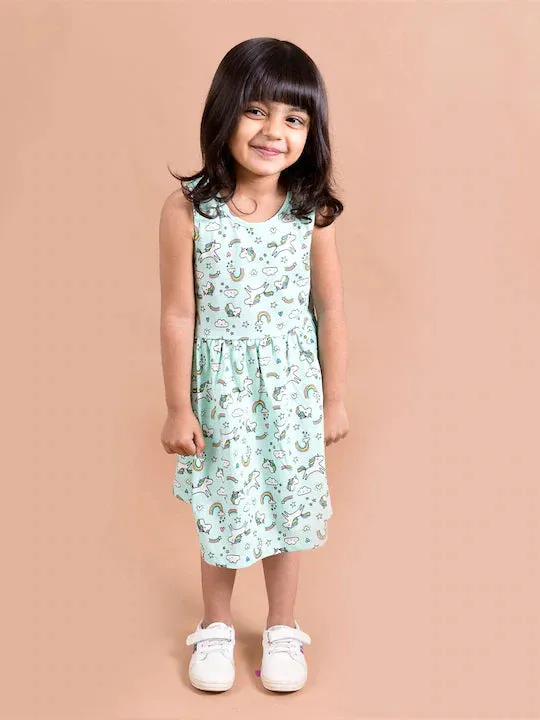 Green White Unicorn Printed Dress