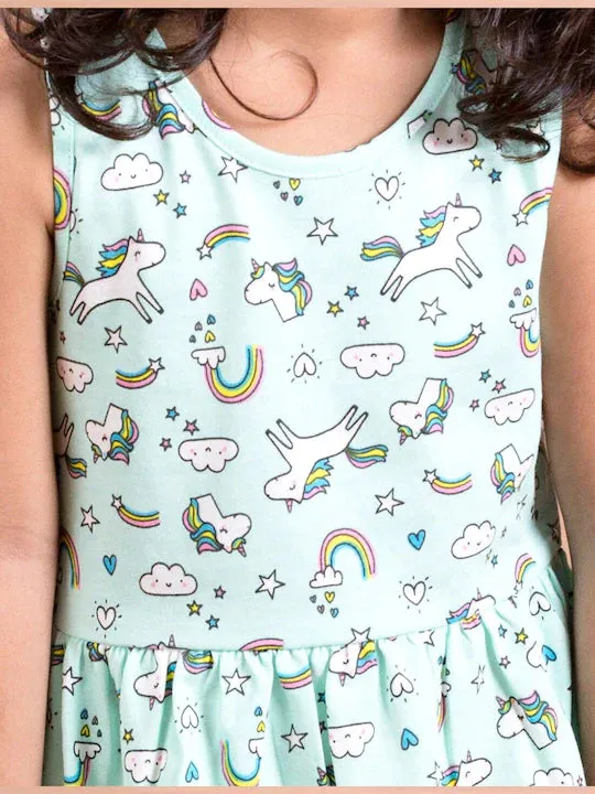 Green White Unicorn Printed Dress