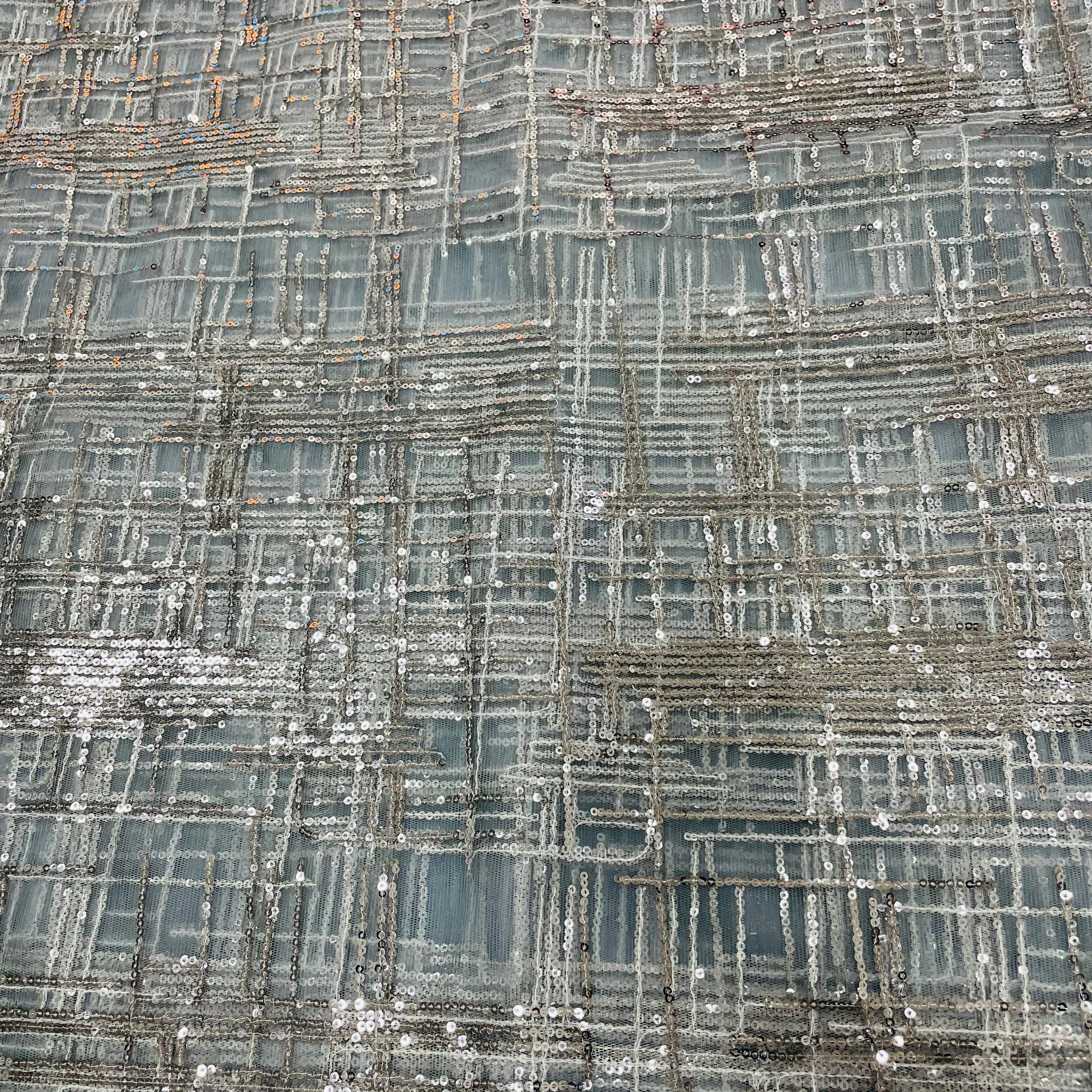 Grey Checks Sequins Embroidery Net Fabric