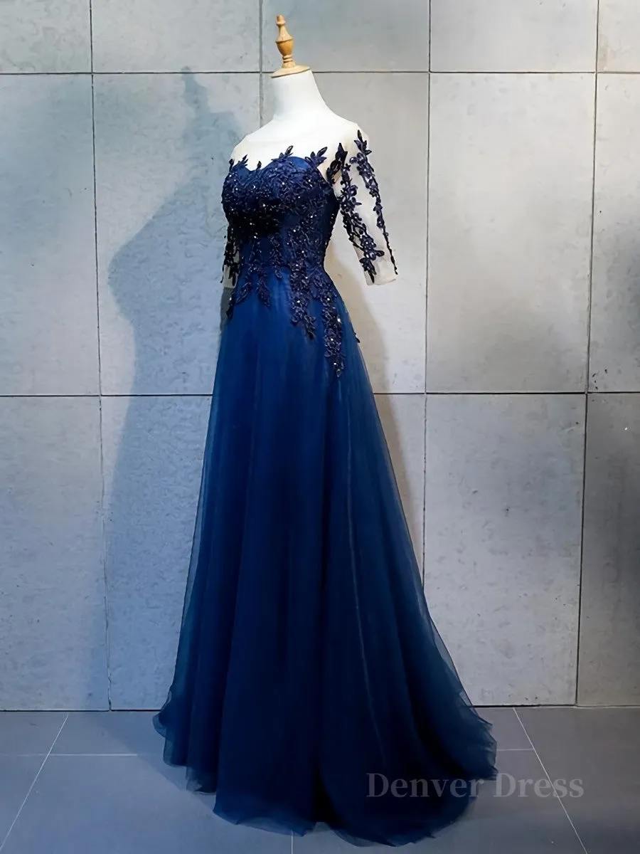 Half Sleeves Navy Blue Long Lace Prom Dresses Dark Navy Blue Long Lace Formal Bridesmaid Dresses