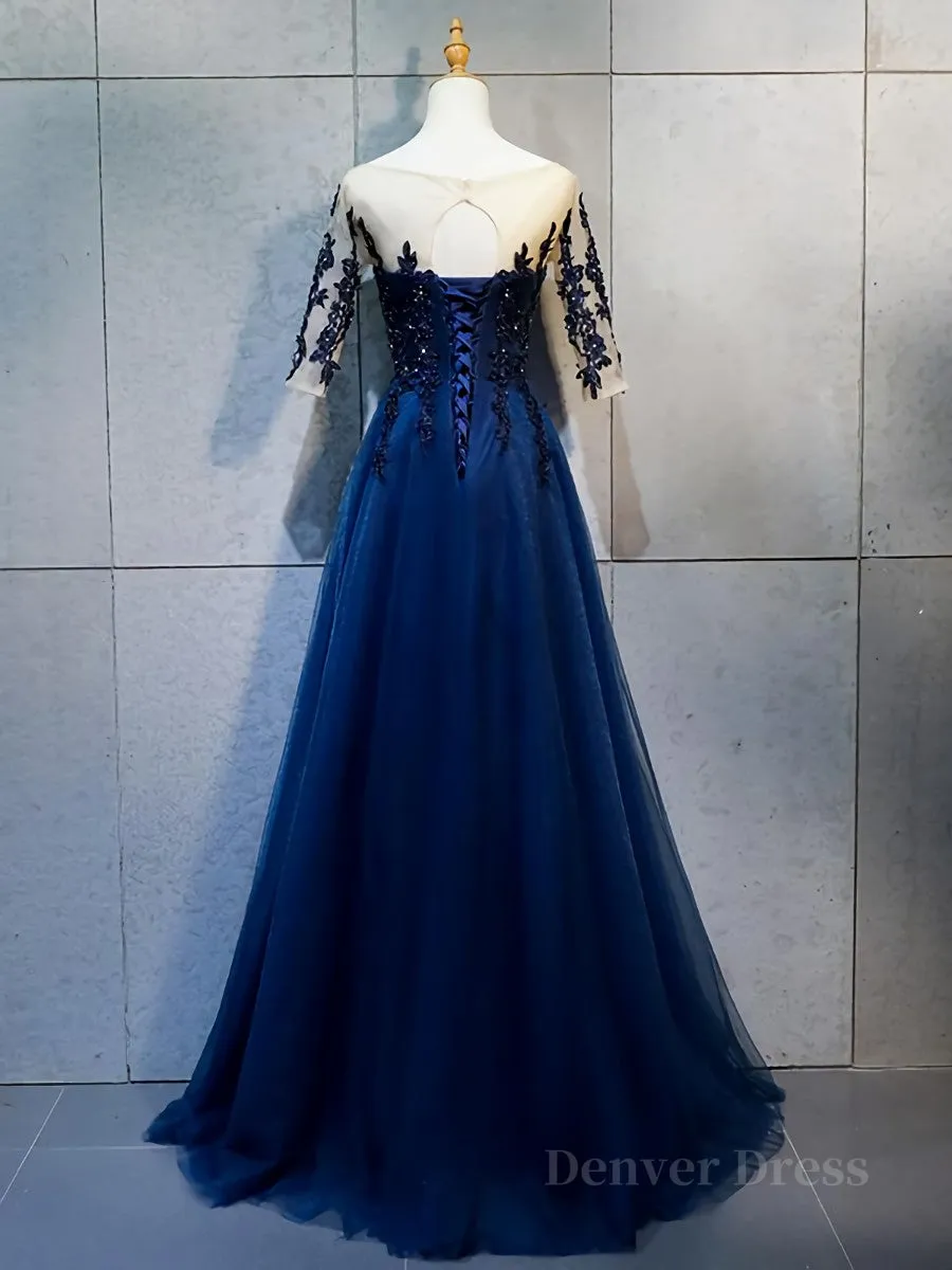 Half Sleeves Navy Blue Long Lace Prom Dresses Dark Navy Blue Long Lace Formal Bridesmaid Dresses