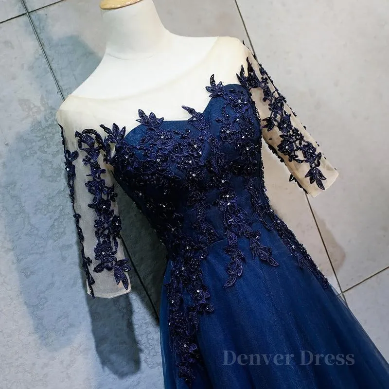 Half Sleeves Navy Blue Long Lace Prom Dresses Dark Navy Blue Long Lace Formal Bridesmaid Dresses