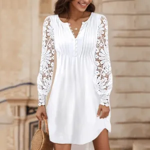 Halter V-neck Lace Splicing Print Button Hollow Loose Casual Elegant Dress