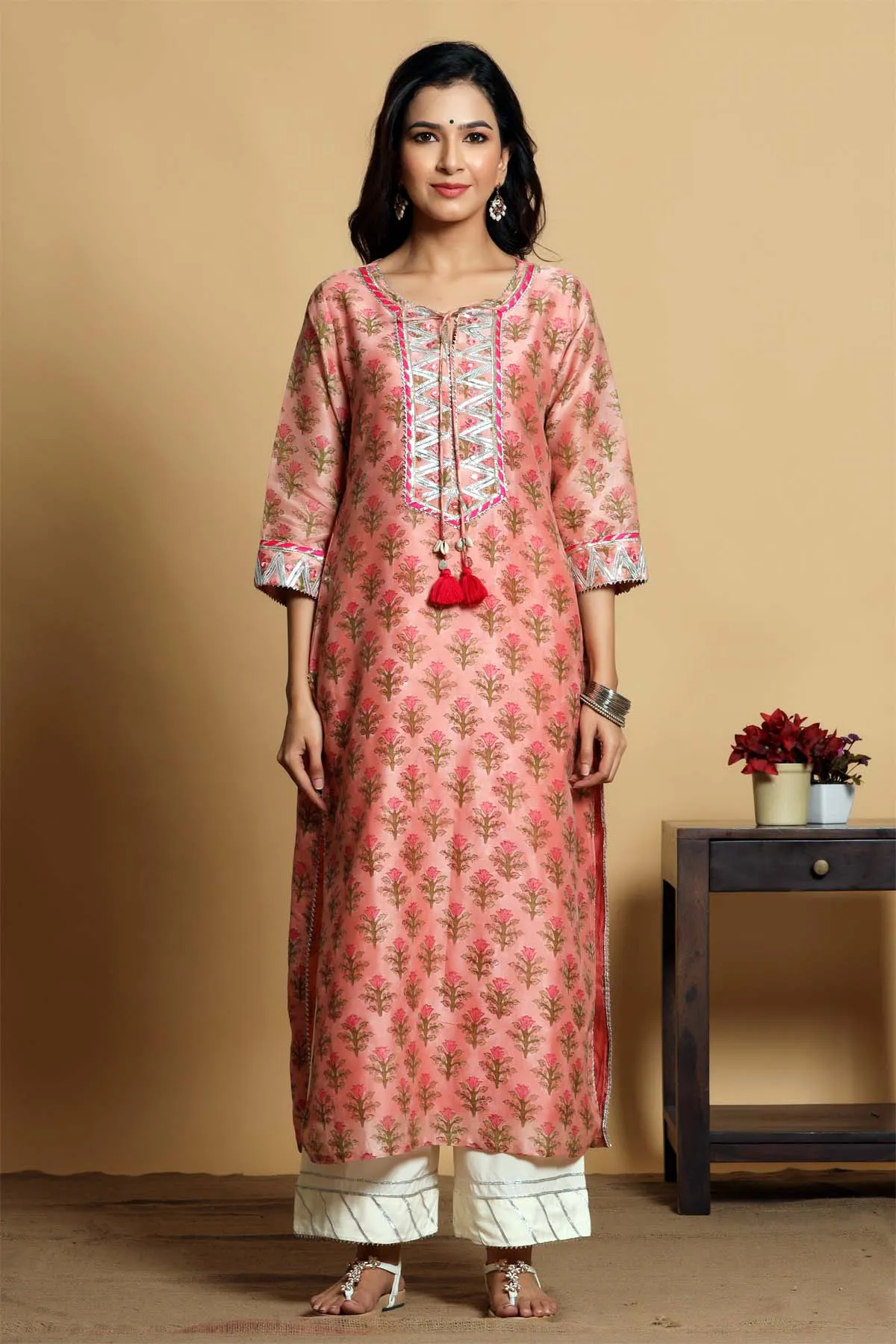 Hand block printed Chanderi kurta in rose pink color