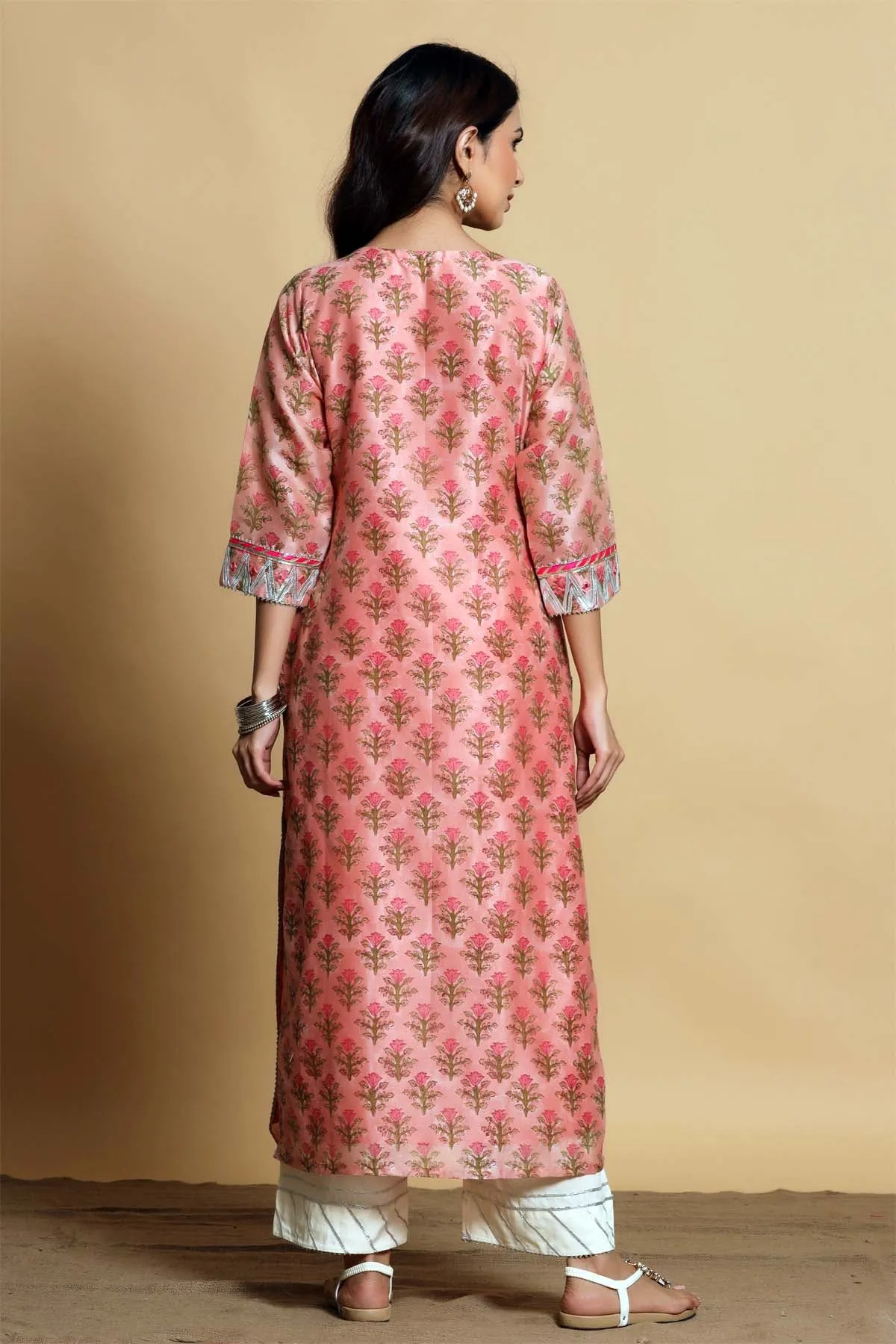 Hand block printed Chanderi kurta in rose pink color