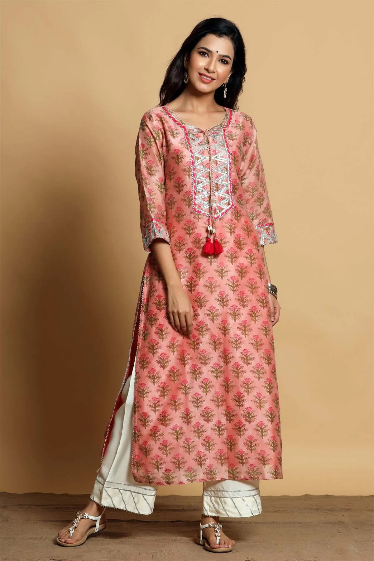 Hand block printed Chanderi kurta in rose pink color