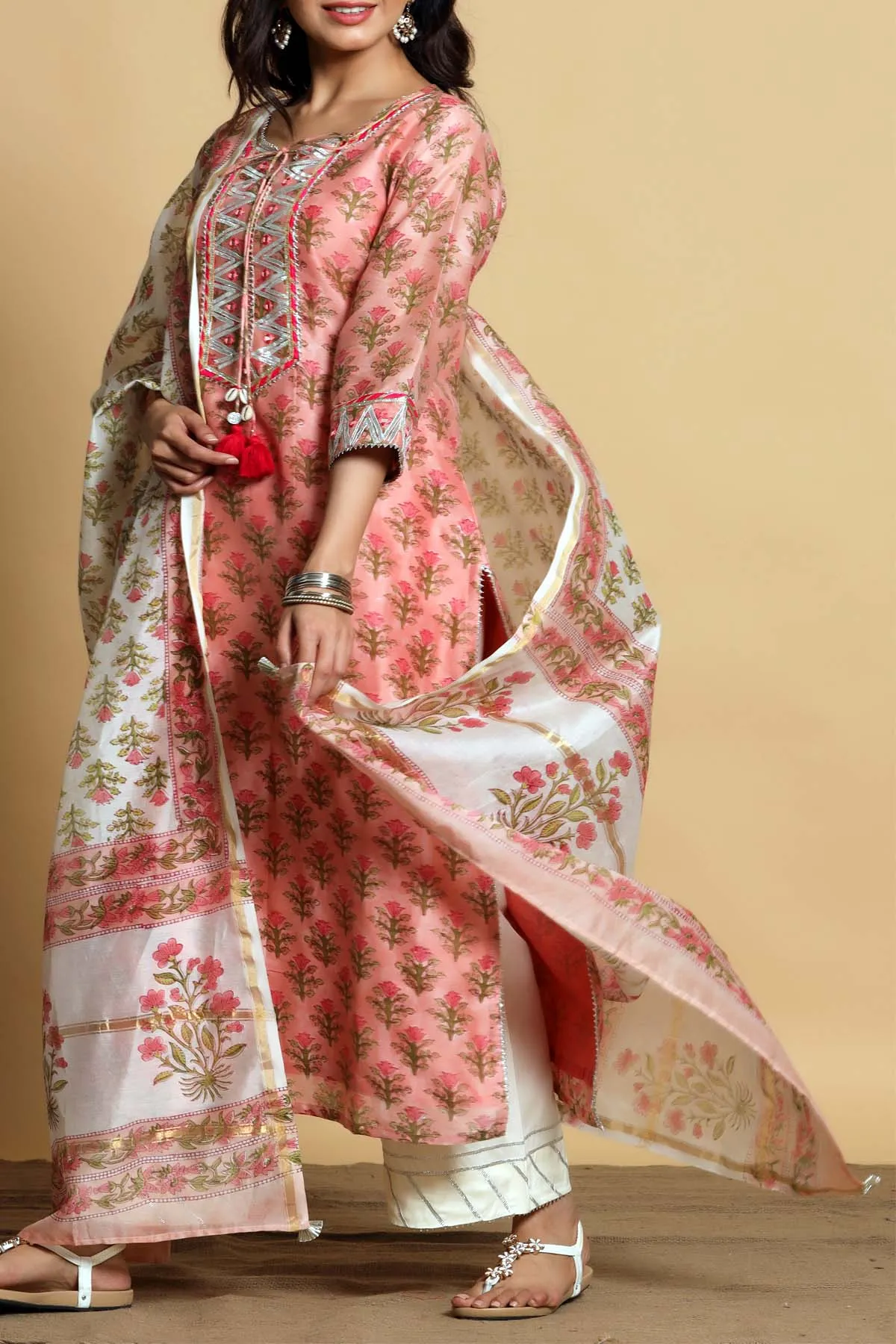 Hand block printed Chanderi kurta in rose pink color