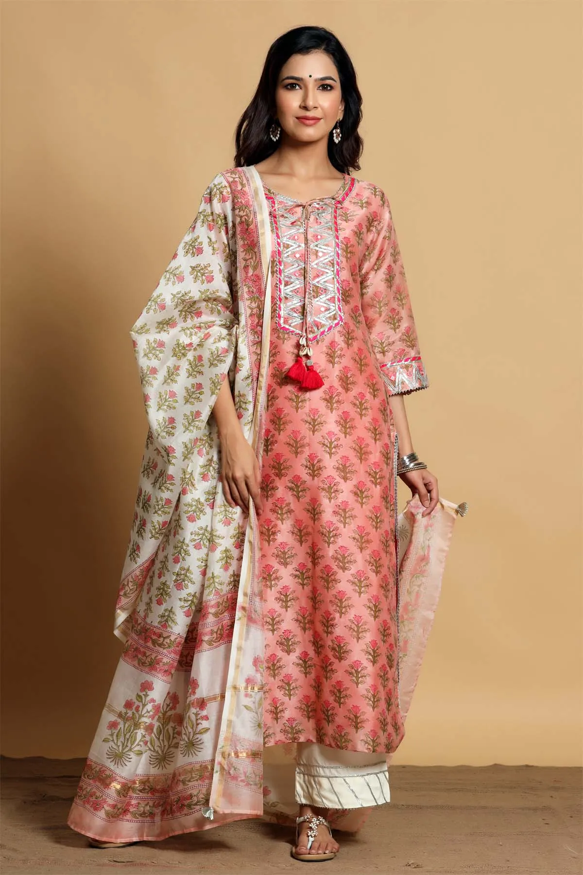 Hand block printed Chanderi kurta in rose pink color