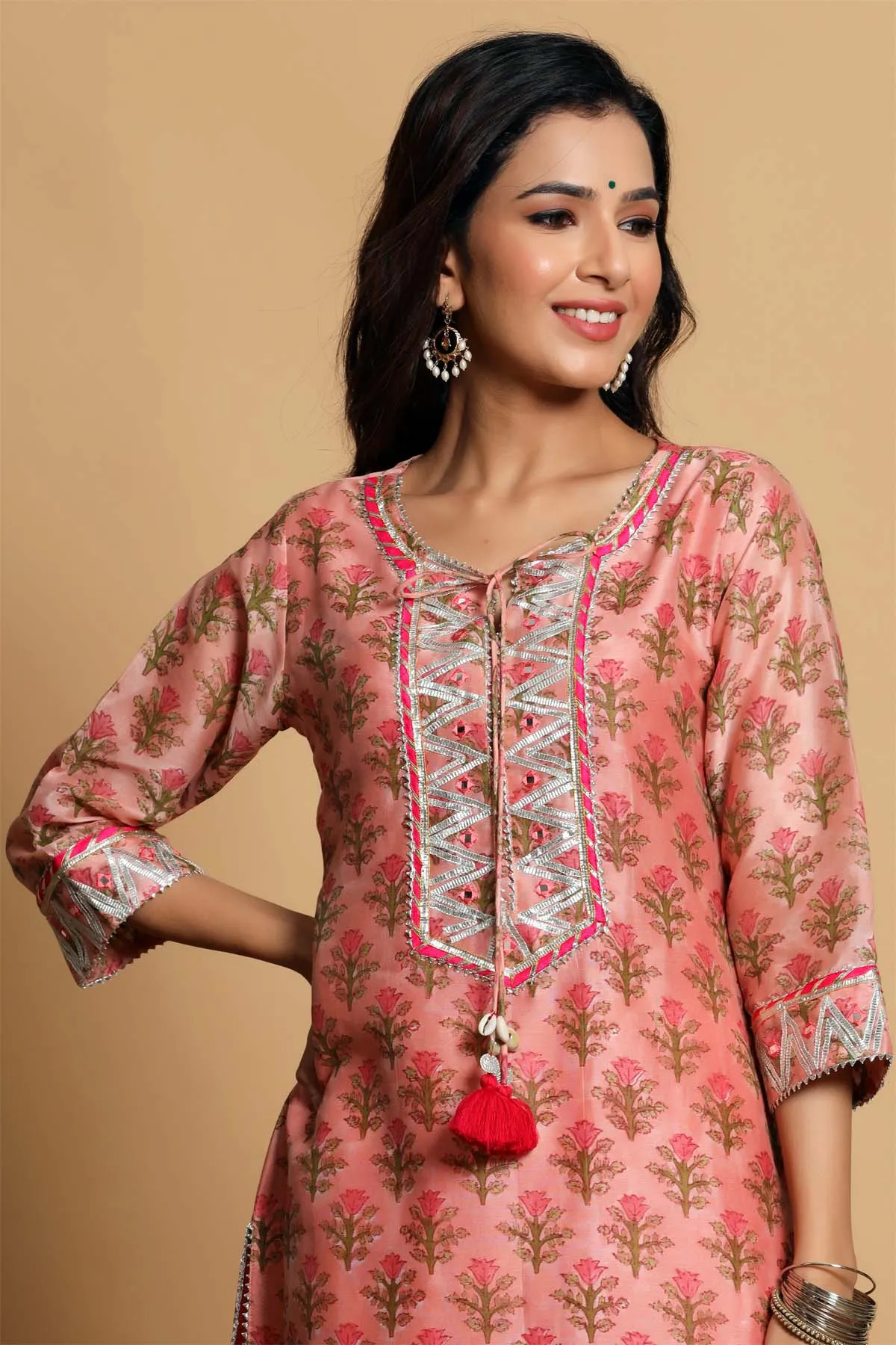 Hand block printed Chanderi kurta in rose pink color