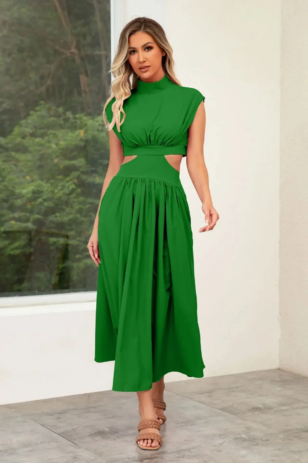 Hollow Out Summer V-neck Midi Vintage A-line Maxi Dress