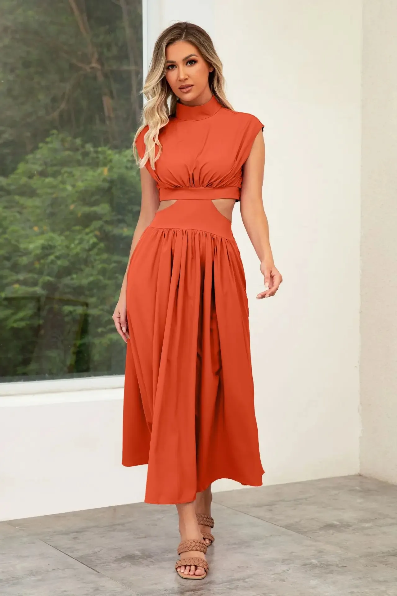 Hollow Out Summer V-neck Midi Vintage A-line Maxi Dress