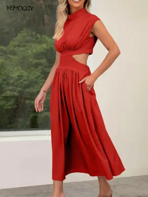 Hollow Out Summer V-neck Midi Vintage A-line Maxi Dress