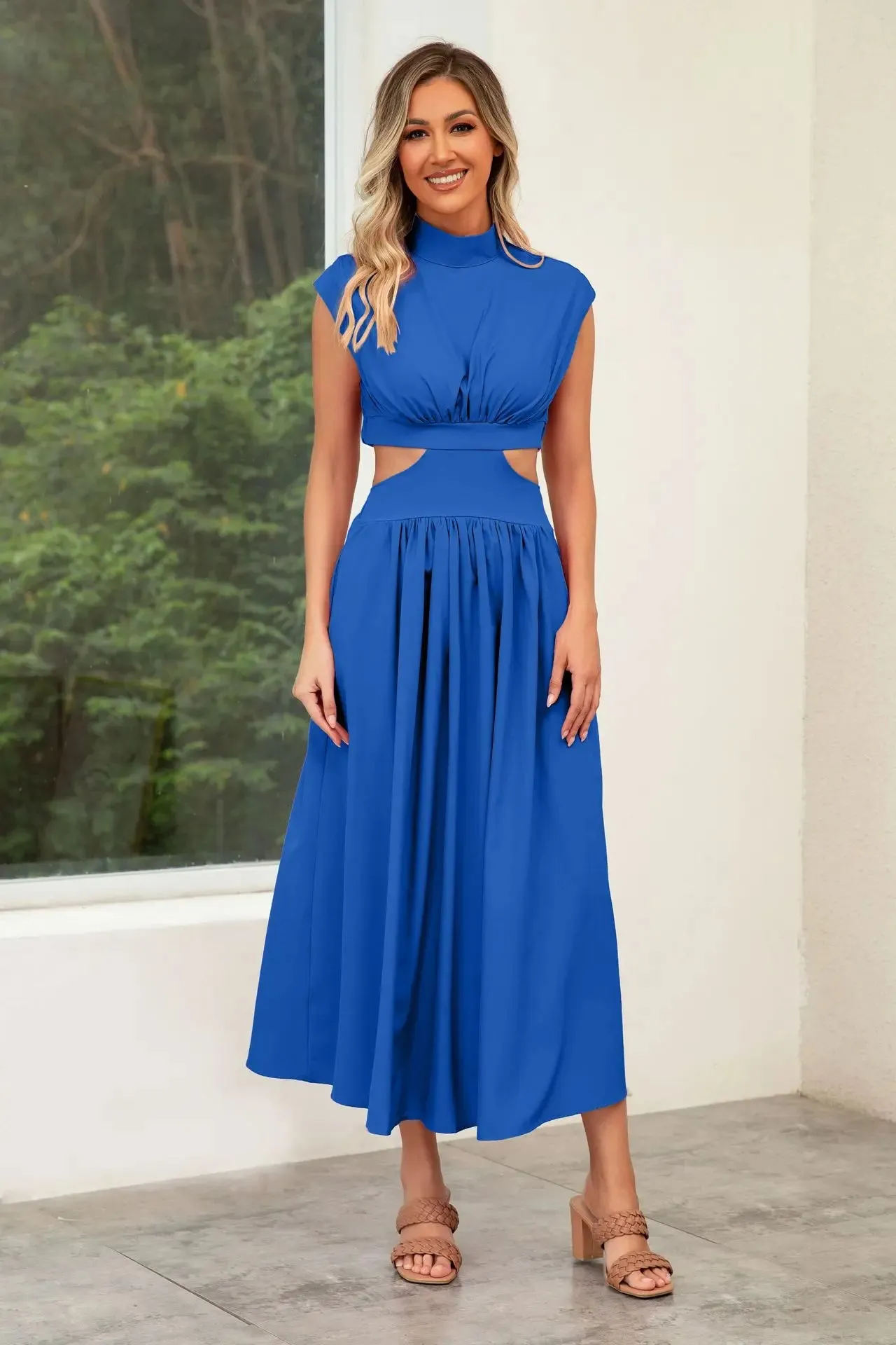 Hollow Out Summer V-neck Midi Vintage A-line Maxi Dress