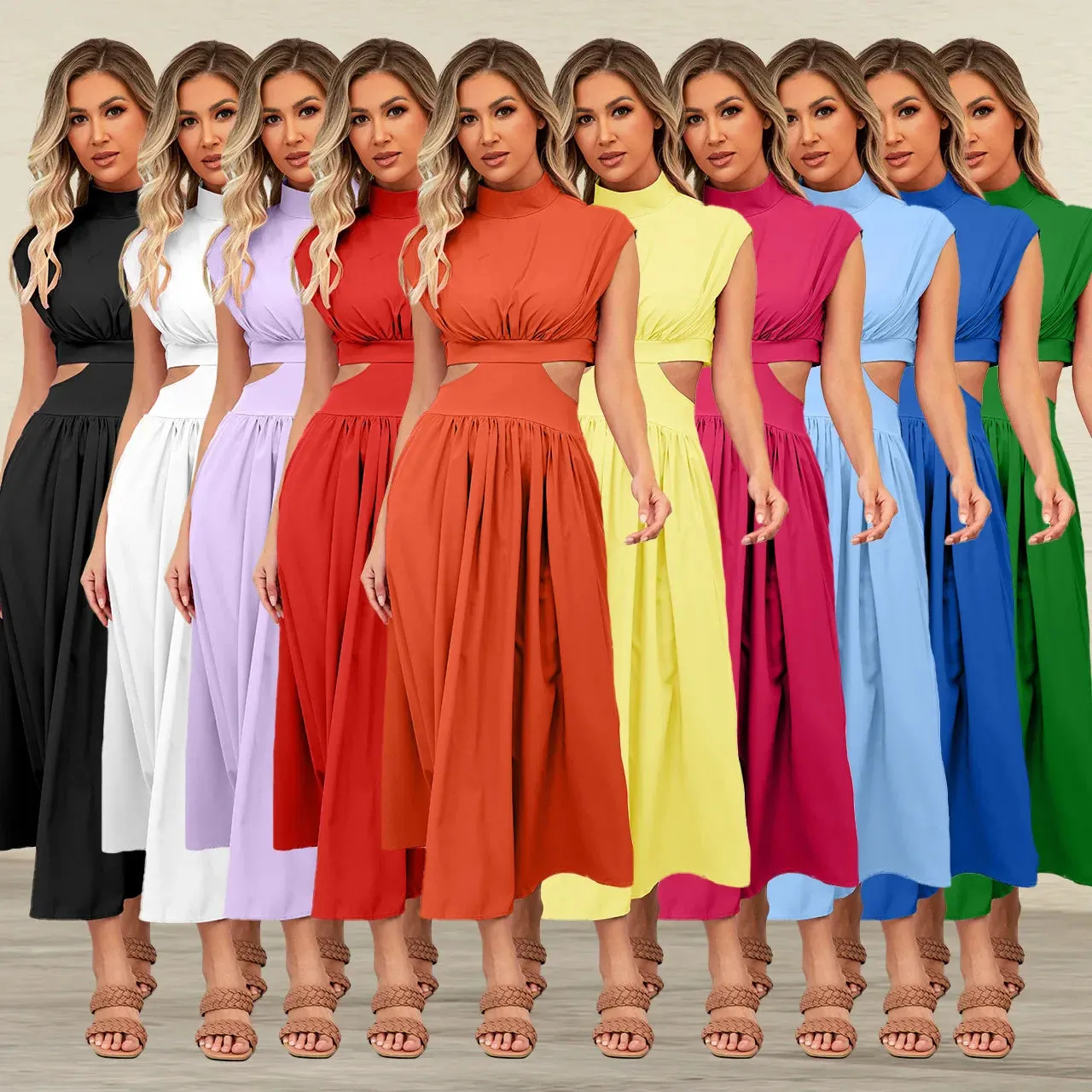 Hollow Out Summer V-neck Midi Vintage A-line Maxi Dress