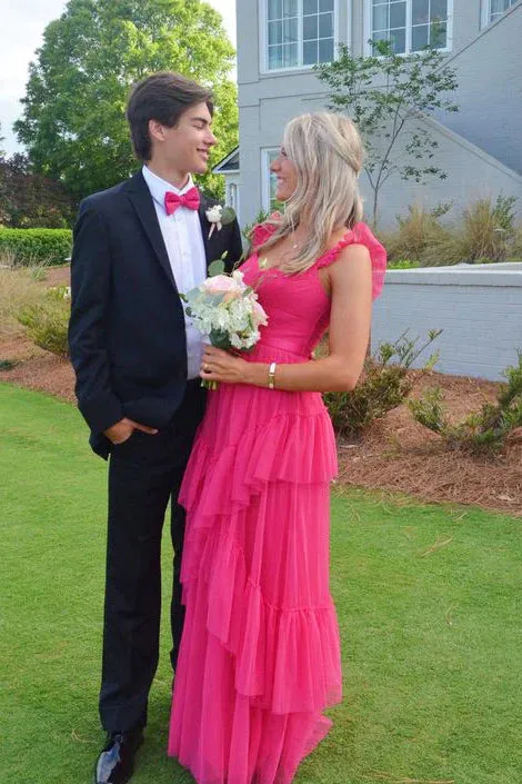 Hot Pink Long Prom Dresses A-line Tulle Tiered Pom Dress Ideas