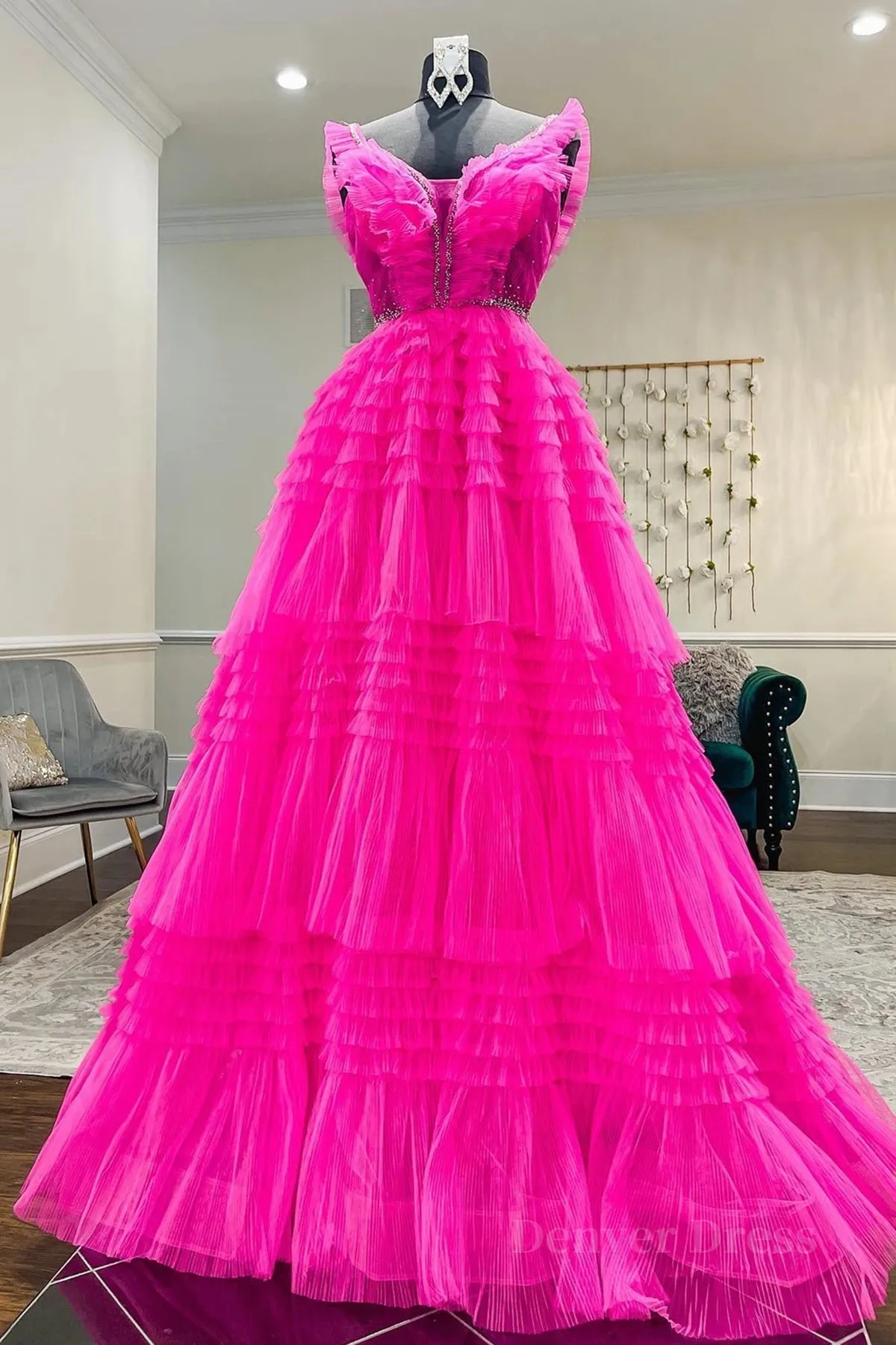 Hot Pink Tulle Long Prom Dresses Hot Pink Long Formal Graduation Dresses