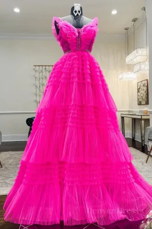 Hot Pink Tulle Long Prom Dresses Hot Pink Long Formal Graduation Dresses