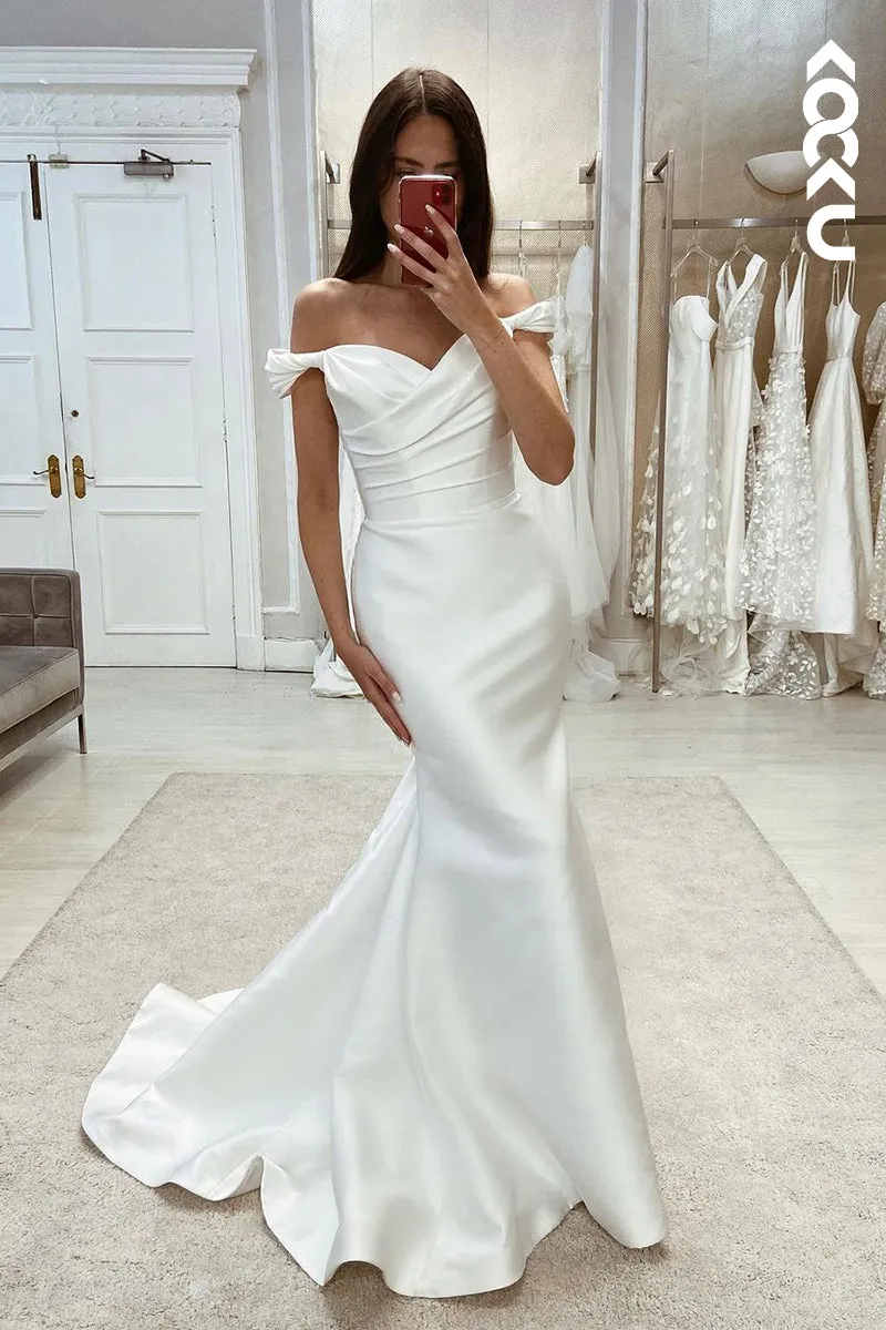 K1975 - Gorgeous & Charming  Off-Shoulder Cap Sleeves Mermaid Ruched Wedding Dress