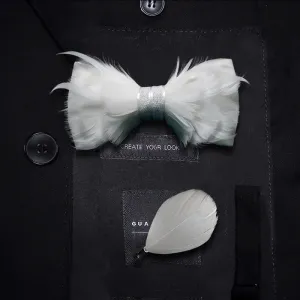 Kid's Pure White Prince Feather Bow Tie with Lapel Pin