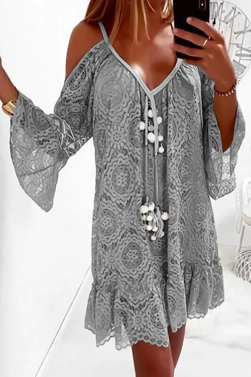 Lace Cold Shoulder Flares Sleeve Mini Dress