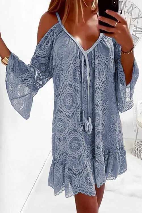 Lace Cold Shoulder Flares Sleeve Mini Dress