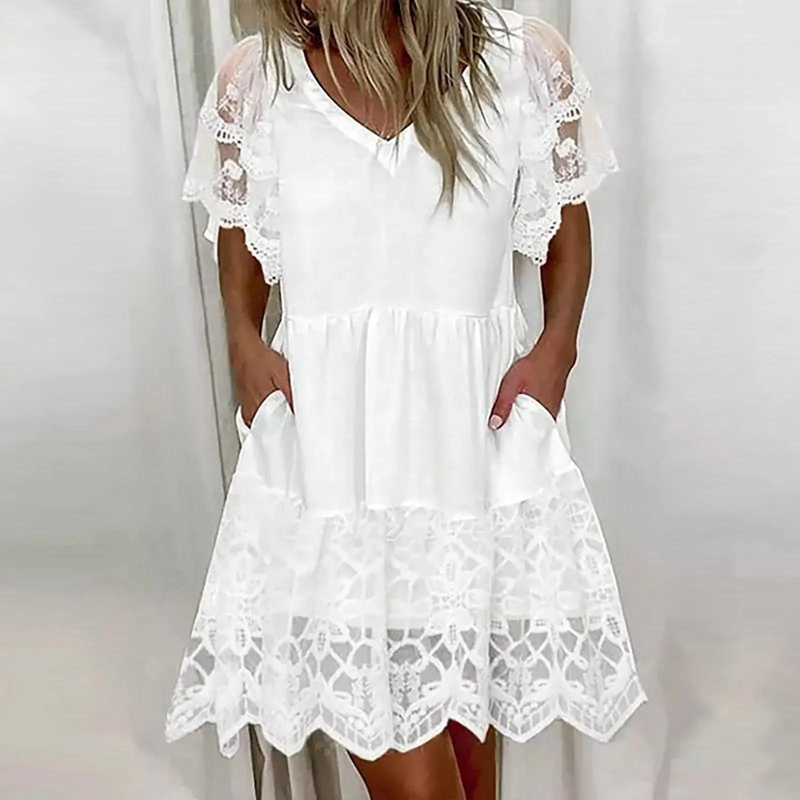 Lace Patchwork Holiday Loose Elegant Short-Sleeved Pleated Mini Casual White Dress